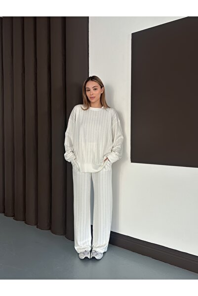 orjinal blue b Γυναικεία μοντέρνα μπλούζα παντελόνι με ριγέ πέτρα στο κάτω μέρος Τάση