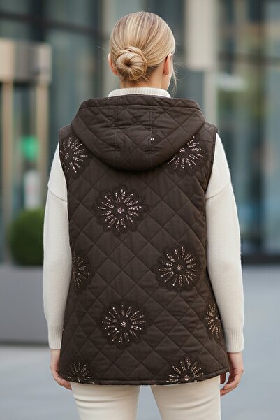 Chiccy Italian Brown K Hooded Sleeveless Zippered Kangaroo Pocket Sequined Quilted Woven Vest 67 62