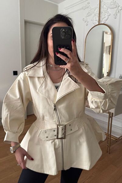 MAGARDE Bel Büzgülü Kemer Detay Vintage Deri Ceket- KREM