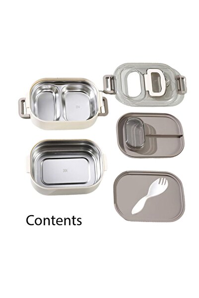 Generic Double Storey Stainless Steel Lunch Box 3 Compartment Tiffin with Sauce Lid Spoon Fork Cream
