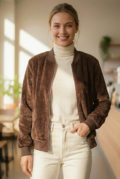 Chiccy Italian Light Brown Bomber Collar Cuffed Sleeves Zippered No Pockets Unlined Woven Bomber Jacket 68 65