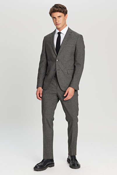 ALTINYILDIZ CLASSICS Men's Brown-Grey Slim Fit Slim Fit Mono Collar Houndstooth Patterned Flexible Suit with Flap Pockets