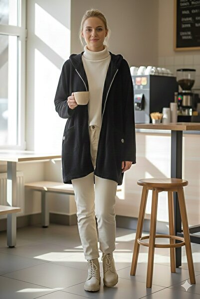 Chiccy Italian Black K Hooded Long Sleeve Casual Velvet O Oversized Woven Jacket with Zipper Pockets 0 0