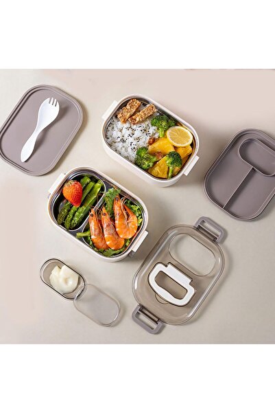 Generic Double Storey Stainless Steel Lunch Box 3 Compartment Tiffin with Sauce Lid Spoon Fork Cream