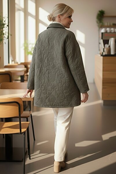 Chiccy Italian Khaki Jacket Collar Long Sleeve Buttoned Allover Embroidered Quilted O Oversized Woven Jacket 78 70