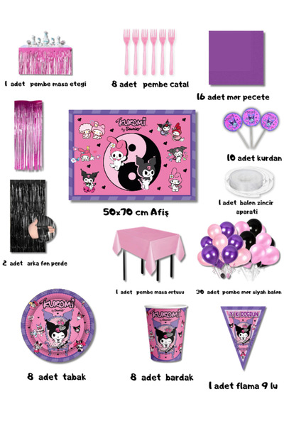 Parti Furyası Kuromi Party Set for 8 People with Banner 50X70 cm Premium | Balloon Chain with Table Skirt and Background from Kurdan