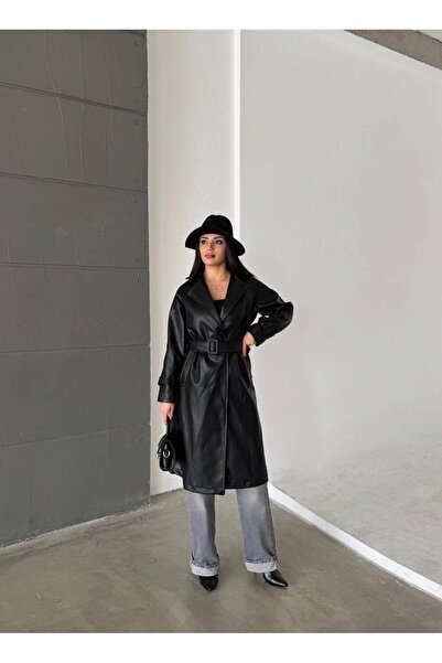 candybia Women's Belted Black Leather Trench Coat