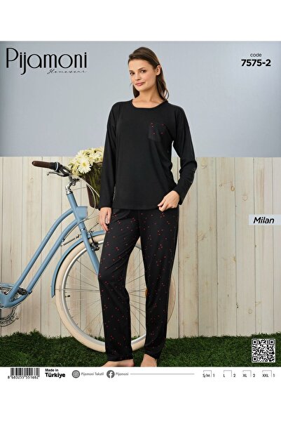 Pijamoni SİYAH MİLAN 7575-2 CEPLİ KIRMIZI KALP DESENLİ PİJAMA TAKIMI