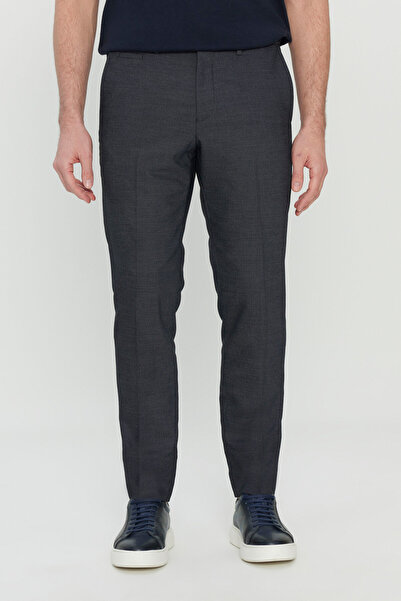 ALTINYILDIZ CLASSICS Men's Navy Blue Wool Slim Fit Flexible Classic Trousers with Hidden Elastic Waist and Dobby Side Pockets