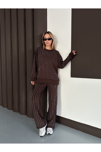 orjinal blue b Women's Modal Blouse Pants Striped Stone Bottom Top Set Trend