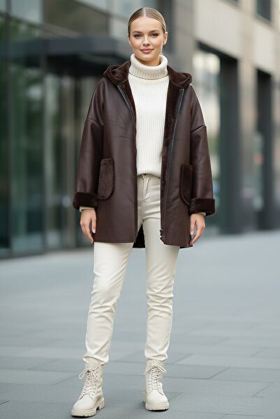 Chiccy Italian Brown K Hooded Long Sleeve Zippered Pocket Faux Leather O Oversized Woven Coat 78 70