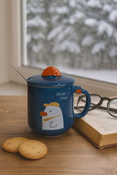 uğurlu dükkan Mavi Şanslı Ördek Kaşık Kapaklı Kulplu Seramik Bardak