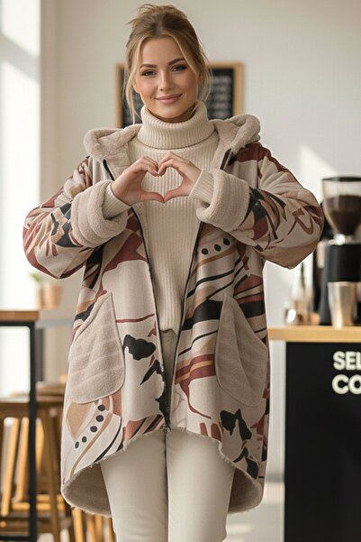 Chiccy Italian Beige K Hooded Long Sleeve Zippered Pocket Casual Plush Back Long O Oversized Woven Jacket 70 80