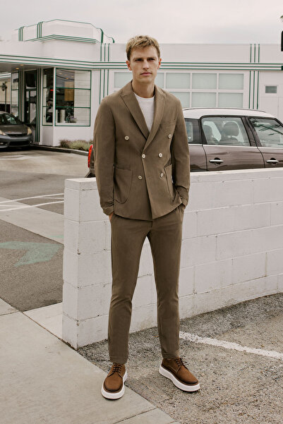 ALTINYILDIZ CLASSICS Men's Mink Slim Fit Slim Fit Swallow Collar Bag Pocket Striped Double-Breasted Suit