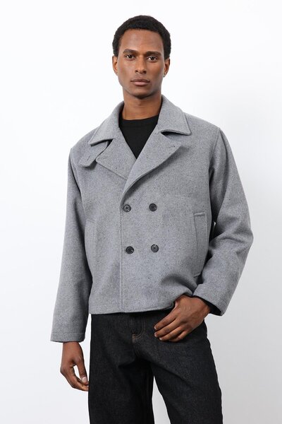 Antioch Gray Double-Breasted Closure Short Men's Coat