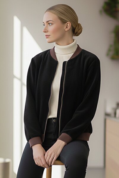 Chiccy Italian Black Bomber Collar Cuffed Sleeves Zippered Without Pockets Without Lining Velvet Woven Bomber Jacket 68 65