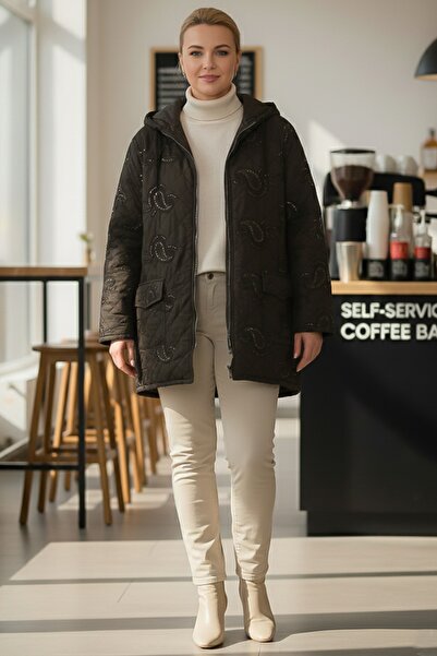 Chiccy Italian Brown K Hooded Long Sleeve Zippered Sequined All over Embroidered Woven Jacket 75 65