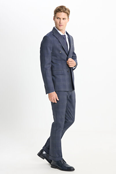 ALTINYILDIZ CLASSICS Men's Navy Blue 100% Wool Slim Fit Slim Fit Swallow Collar Check Double-Breasted Suit