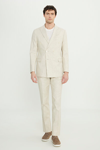 ALTINYILDIZ CLASSICS Men's Beige Linen Slim Fit Slim Fit Swallow Collar Patterned Bag Pocket Double-Breasted Suit