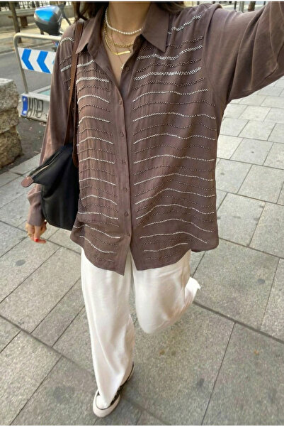 FEMELLE Καφέ πουκάμισο oversized με χάντρες (Ταιριάζει έως και μέγεθος 48)