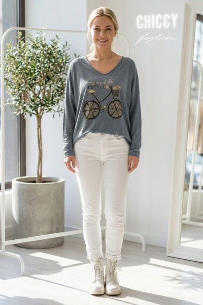 Chiccy Italian Dark Gray V-Neck Long Sleeve B Printed Casual Acrylic O Oversized Knitwear Blouse 68 70