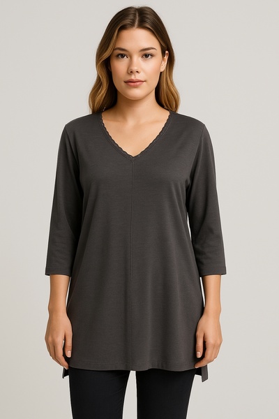 Şans Women's Plus Size Smoked, Organic Cotton, V-Neck Lace Detail, 3/4 Sleeve Blouse 65N39264