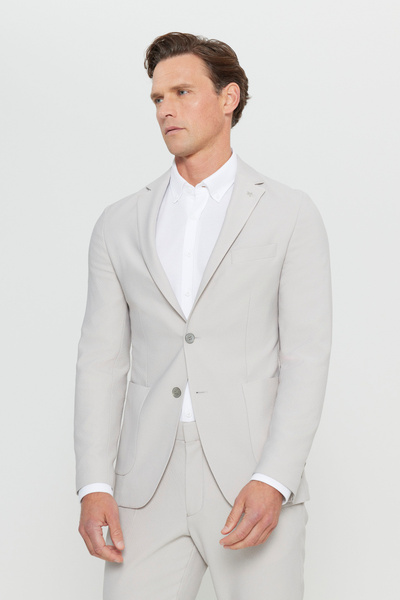 ALTINYILDIZ CLASSICS Men's Beige Slim Fit Slim Fit Mono Collar Bag Pocket Seersucker Patterned Stretch Suit