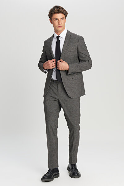 ALTINYILDIZ CLASSICS Men's Brown-Grey Slim Fit Slim Fit Mono Collar Houndstooth Patterned Flexible Suit with Flap Pockets