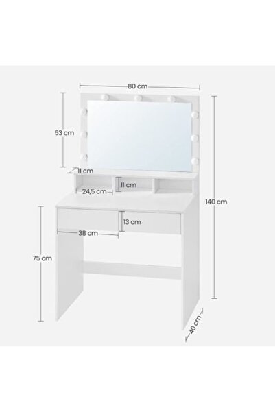 Selgot Masă de machiaj/toaletă cu 2 sertare și oglindă LED, albă, 80 x 40 x 140 cm