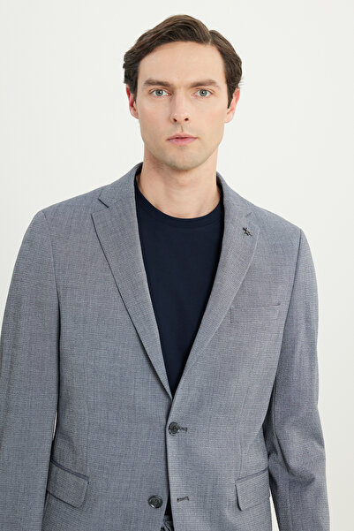 ALTINYILDIZ CLASSICS Men's Gray Slim Fit Slim Fit Mono Collar Seersucker Patterned Flexible Suit with Flap Pockets