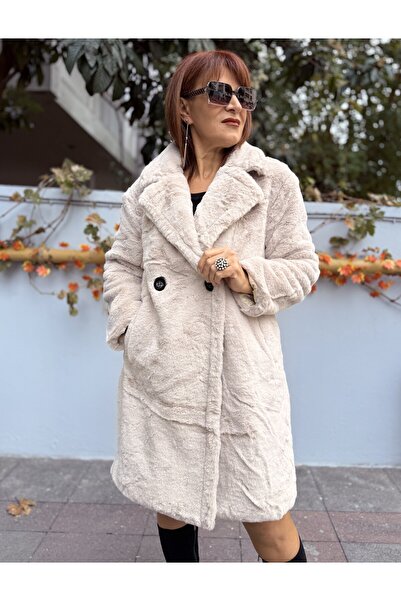 DenizEge Women's Long Faux Fur Coat Beige