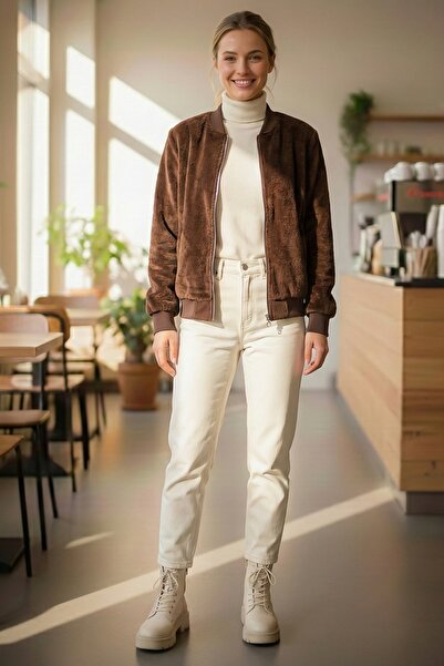 Chiccy Italian Light Brown Bomber Collar Cuffed Sleeves Zippered No Pockets Unlined Woven Bomber Jacket 68 65