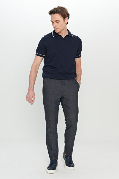 ALTINYILDIZ CLASSICS Men's Navy Blue Wool Slim Fit Flexible Classic Trousers with Hidden Elastic Waist and Dobby Side Pockets