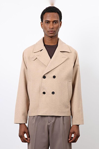 Antioch Beige Double-Breasted Closure Short Men's Coat