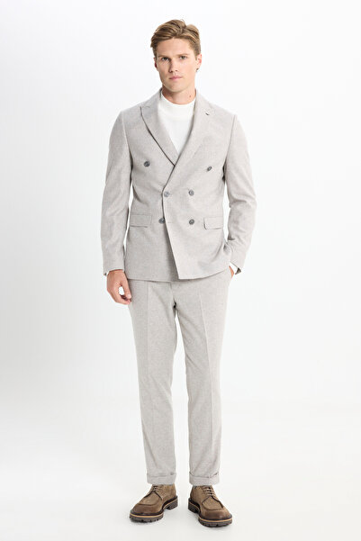 ALTINYILDIZ CLASSICS Men's Stone Wool Slim Fit Slim Fit Swallow Collar Flap Pocket Double-Breasted Suit