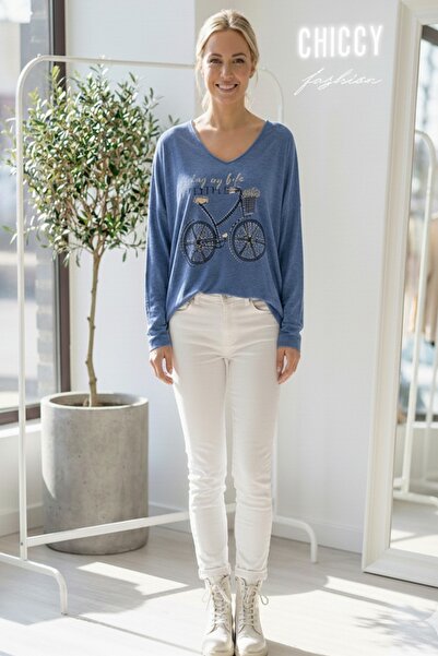 Chiccy Bluză italiană albastră cu decolteu în V cu mânecă lungă B cu imprimeu Casual acrilic O supradimensionat Tricotaj Bluză 68 70