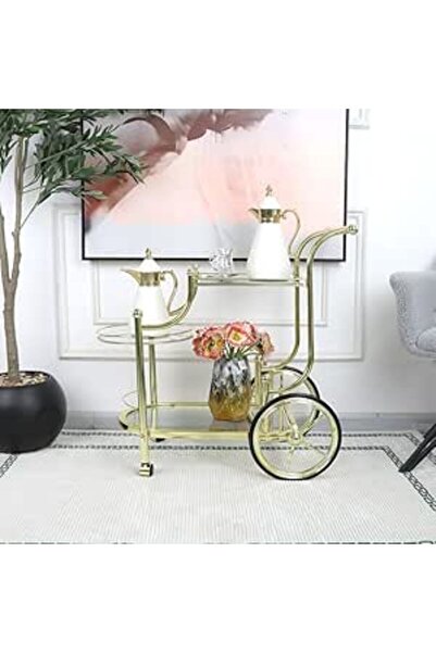 Al Hadaya Mall Luxury Gold Stainless Steel 2-Tier Serving Cart with Wheels
