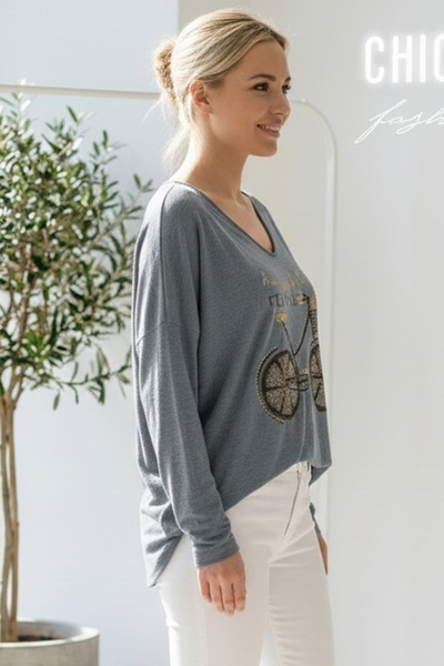 Chiccy Italian Dark Gray V-Neck Long Sleeve B Printed Casual Acrylic O Oversized Knitwear Blouse 68 70