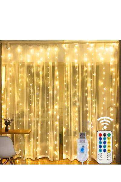 The comprehensive house 300-LED Window Curtain String Lights, 8 Modes, Copper, USB Powered with Remote - Party & Wedding Hom