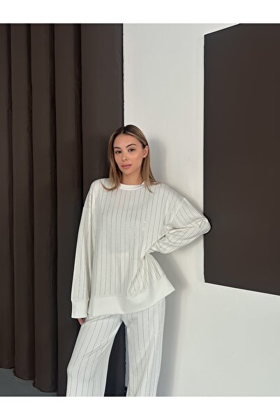 orjinal blue b Γυναικεία μοντέρνα μπλούζα παντελόνι με ριγέ πέτρα στο κάτω μέρος Τάση