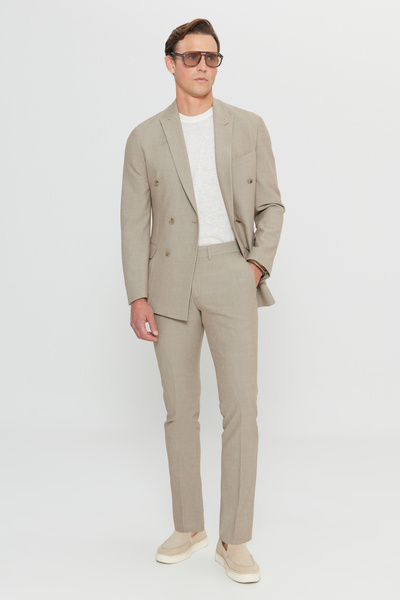 ALTINYILDIZ CLASSICS Men's Beige Slim Fit Slim Fit Swallow Collar Flexible Double-Breasted Suit with Pocket Bag