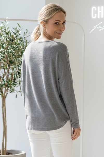 Chiccy Italian Anthracite V-Neck Long Sleeve B Printed Casual Acrylic O Oversized Knitwear Blouse 68 70