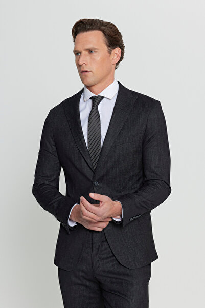 ALTINYILDIZ CLASSICS Men's Black Slim Fit Slim Fit Swallow Collar Patterned Cover Pocket Suit