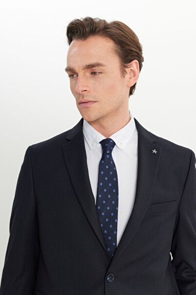 ALTINYILDIZ CLASSICS Men's Dark Navy Regular Fit Regular Cut Filafil Patterned Mono Collar Covered Pocket Suit