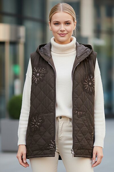 Chiccy Italian Brown K Hooded Sleeveless Zippered Kangaroo Pocket Sequined Quilted Woven Vest 67 62