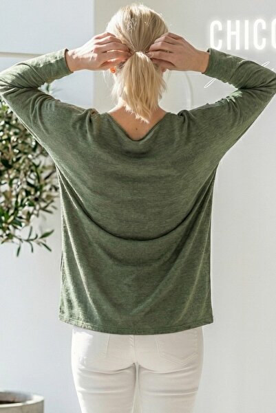 Chiccy Italian Khaki V-Neck Long Sleeve B Printed Casual Acrylic O Oversized Knitwear Blouse 68 70