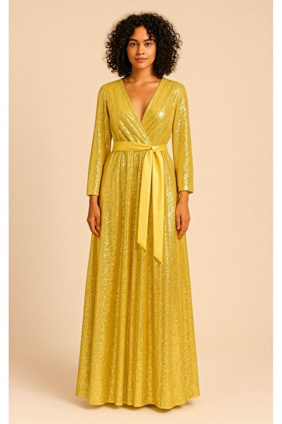ALYEL NAKER Kruvaze Kapamalı & Kuşaklı Sarı Payet Şık Davet Elbisesi