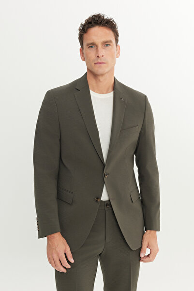 ALTINYILDIZ CLASSICS Men's Khaki Extra Slim Fit Slim Fit Mono Collar Patterned Suit with Flap Pockets