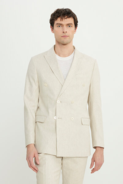 ALTINYILDIZ CLASSICS Men's Beige Linen Slim Fit Slim Fit Swallow Collar Patterned Bag Pocket Double-Breasted Suit