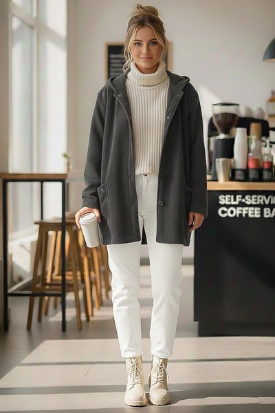 Chiccy Italian Anthracite K Hooded Long Sleeve Buttoned Pocket Casual Velvet O Oversized Woven Jacket 80 70